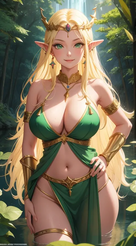 masterpiece, Highest quality, One person, alone, Fantasy, Cowboy Shot, View your viewers, Pointed Ears, Fairy, Ridiculously long hair, Very long hair, Blonde, Big Hair, Elbow hand pockets, Armband, Pelvic Curtain, Wide Hips, (Huge breasts:1.2), Green Eyes,...