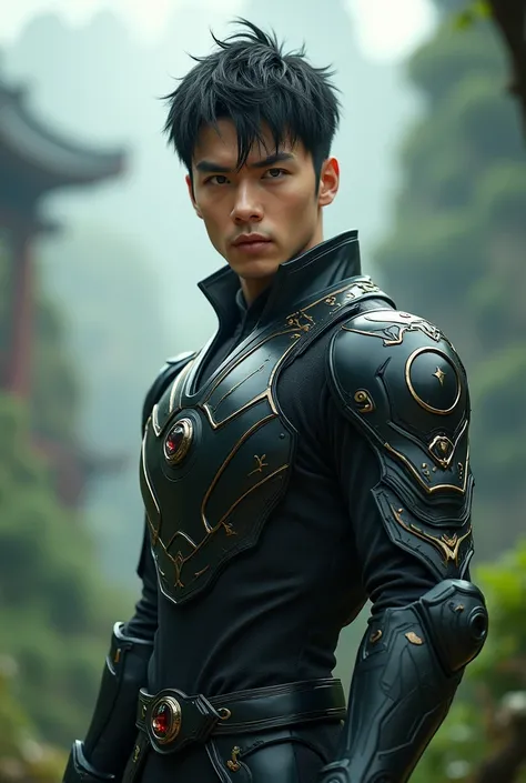 Western handsome manin a combat suit set in a Chinese fantasy wuxia world but with modern short black hair with red pupils and a black gemstone ring on the third finger of left hand