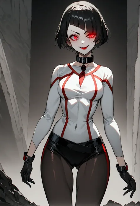 The eyes,fully body,standing,alone,short hair,work of art,face detailed,young fitness linda,Wearing black pantyhose,tight white sweater with collar ,neckleace,evil smile,red eyes glowing,labiaa,eye shadow,bangs on the eyes,black gloves,usando The eyes
