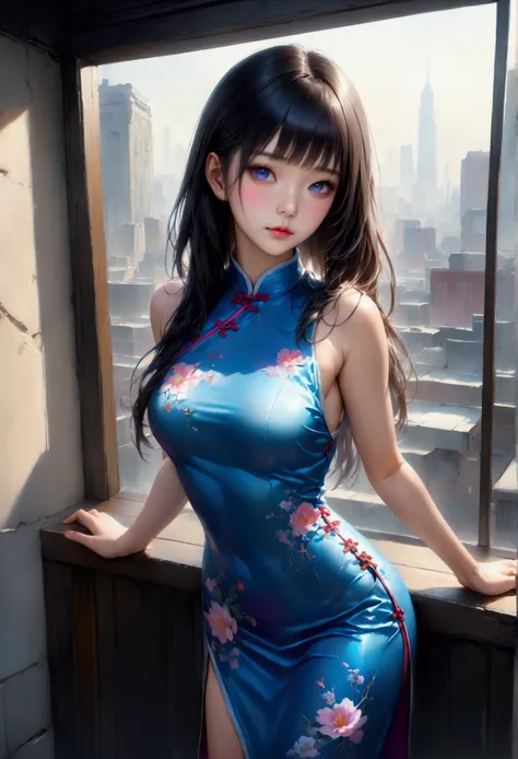 a beautiful detailed girl with long straight black hair with purple and blue gradient highlights, purple and blue gradient eyes, wearing a cheongsam, (best quality,4k,8k,highres,masterpiece:1.2),ultra-detailed,(realistic,photorealistic,photo-realistic:1.37...