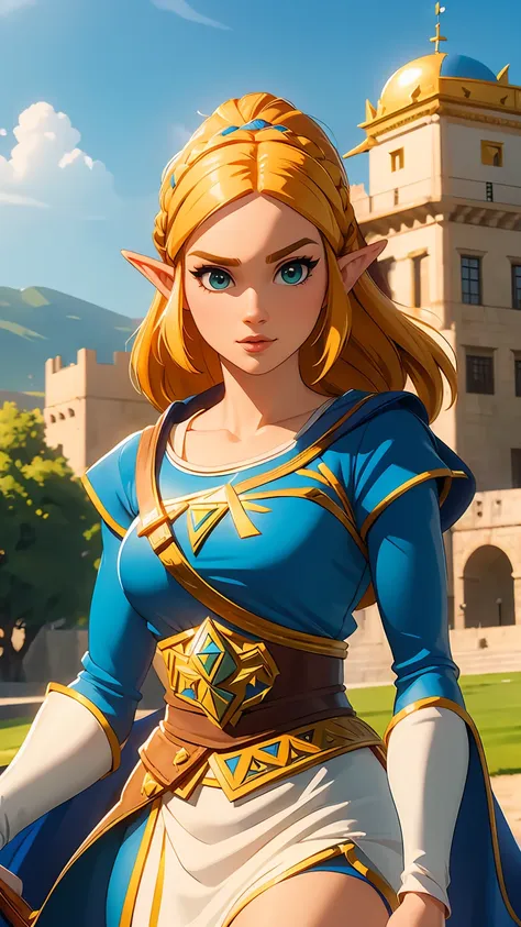 ((masterpiece)), ((best quality)), (detailed), perfect, alone, zelda, gorgeous woman, princesa zelda como reina de spain, (en el...