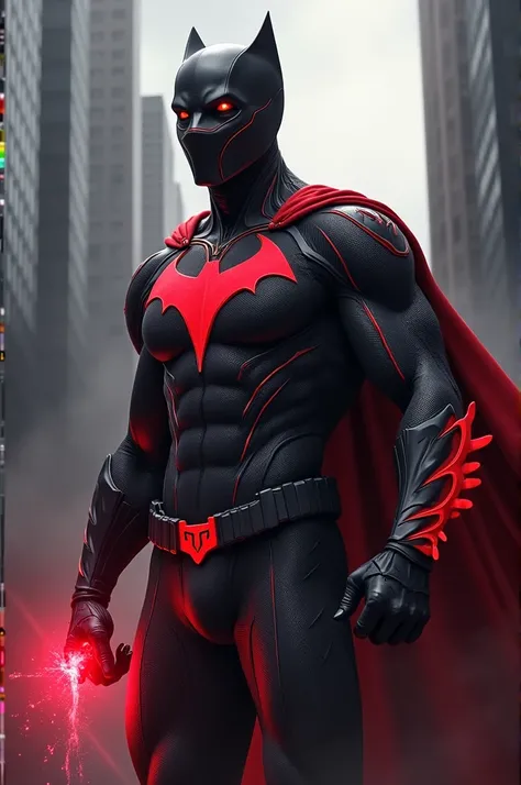 create an image of a male superhero named scarlet with a reality gem with a costume similar to black panther and batman and a mask similar to covid