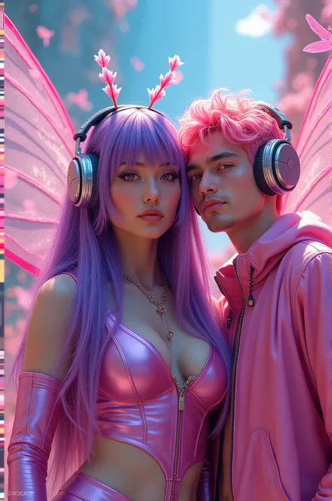 Korean purple hair butterfly woman with headphone and shiny pink outfit and pink hair man friends clip cover 