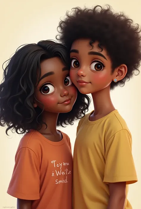 a short, wavy, dark-skinned girl with black hair and a tall, white, brown-eyed boy