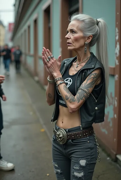 russian old milf woman, biker gang member, long grey hair (bump, quiff and ponytail) with very light blue eyes, extremely pale. Thin. Sad, humble face. Wearing cropped black moto jacket with side zippers, black cropped tank top with pentacle logo, skinny b...