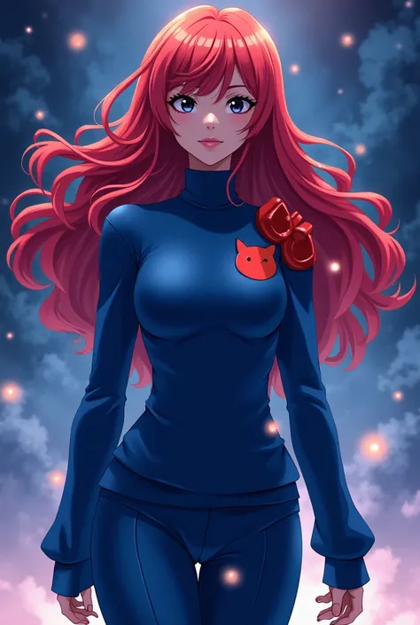 My pro hero academia, reddish hair, hip length hair, dark black eyes, stars around you, Whole body, blue uniform, blue sweater and blue pants with a reddish cat on the shoulder, Female gender