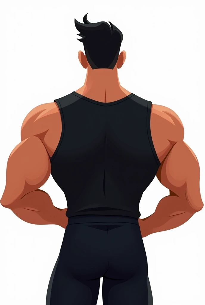 Man with his back to the image, athletic body, black jersey, Bblack hair. white image background.  animated cartoon