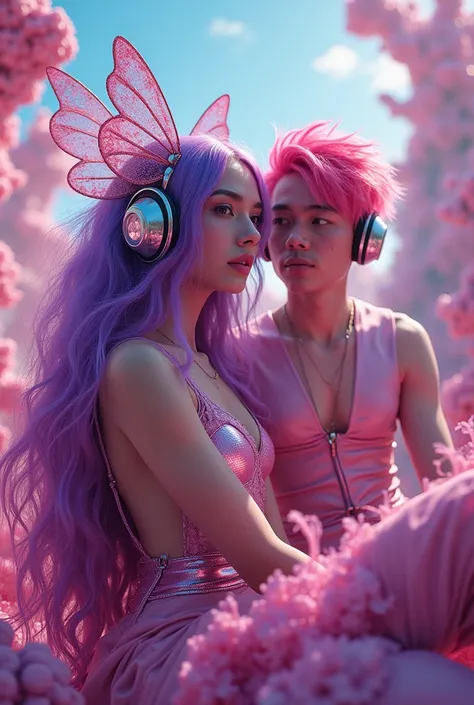 Korean purple hair butterfly woman with headphone and shiny pink outfit and pink hair man friends clip cover 