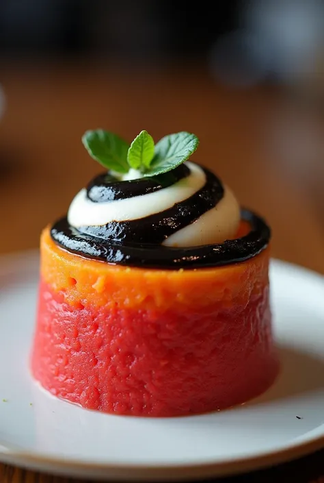 Sweet potato causa that is red with black olive cream and trout in the middle. Let it be like a normal causa but with those ingredients.
