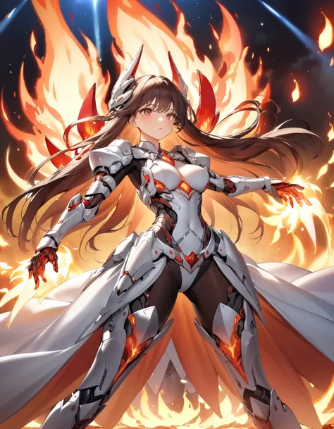 absurdres, best quality, masterpiece, ultra detailed beautiful moe anime, dynamic angle, action pose, The frilly mech princess clad in flames appears as if she has emerged from another world. Her mechanical body is intricately crafted, and a frilly dress e...