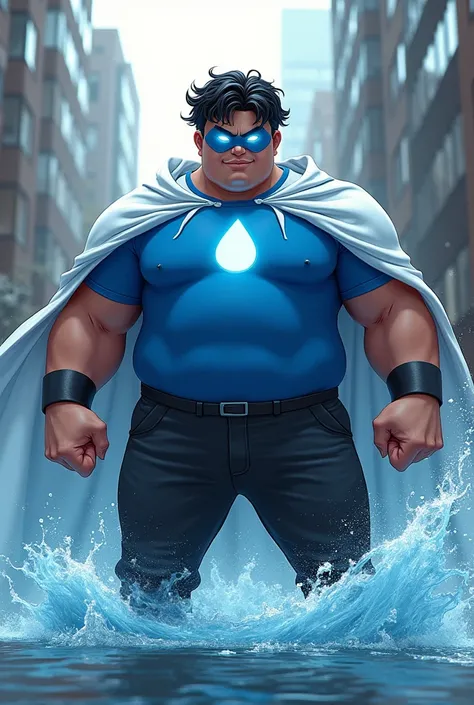 Create an image of a teenager with water powers, This teenager is wearing a costume with a blue shirt with the symbol of a white drop in the middle, he wears a blue mask with completely white eyes, and also wears black pants with a white cape, This teenage...