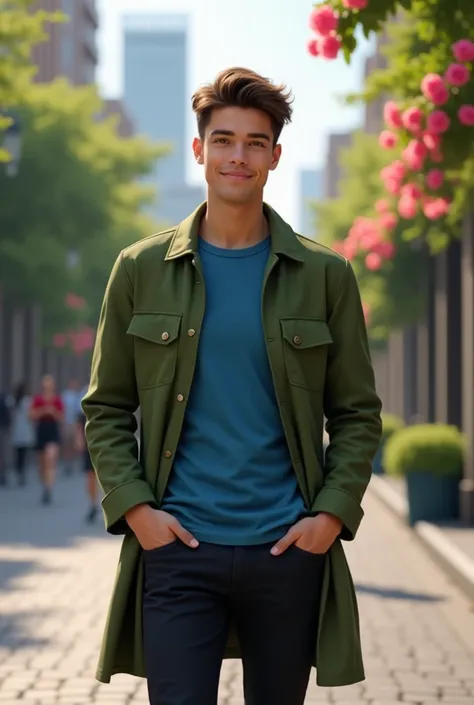 A men look cute wearing a green coat and blue t shirt , black pant and the background is broad Street there some flowers 