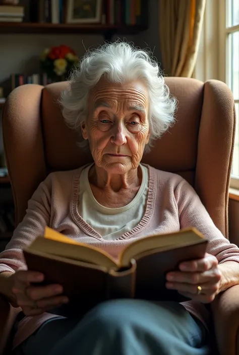 old lady reading book realistic