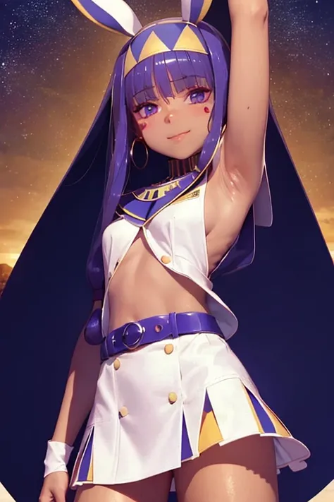 White jacket、White mini skirt、Nitocris, In the desert、Stars shine in the night sky、beautiful girl、Raise your arm and show your armpit.