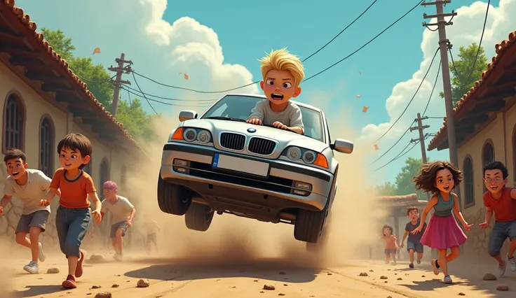 Im Stil von Cartoon 3D-Animations-Filmen. Villagers flee in panic from car wheels flying through the air and a speeding silver BMW E46 Compact. The vehicle is driven by an aggressive and insane looking young man with short blond hair.
