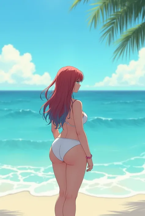 A serene portrait of a plump bohemian woman with blue eyes, long reddish blue hair, pale skin. She stands with her back turned, on the beach, she stares calmly at the sea, wearing a white bikini, Anime photo.