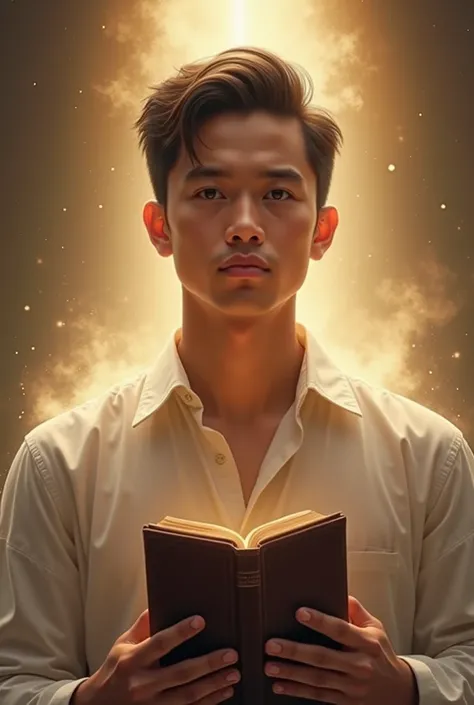 (photorealism:1.2), a young Filipino man holding a bible and his eyes shines like a light,and it is filled with the power of God