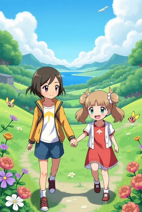 A pokemon landscape with two cute girls, a straight brunette and a white ponytail with light brown hair and curls