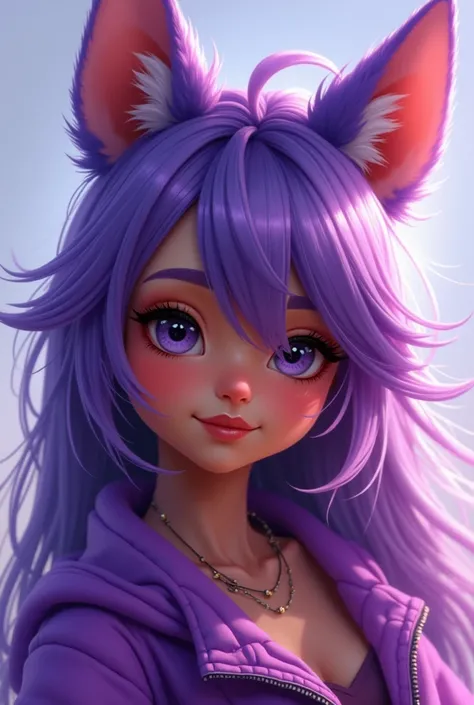 Make a light brown skinned teenager, purple hair, purple dog ears, and purple clothes