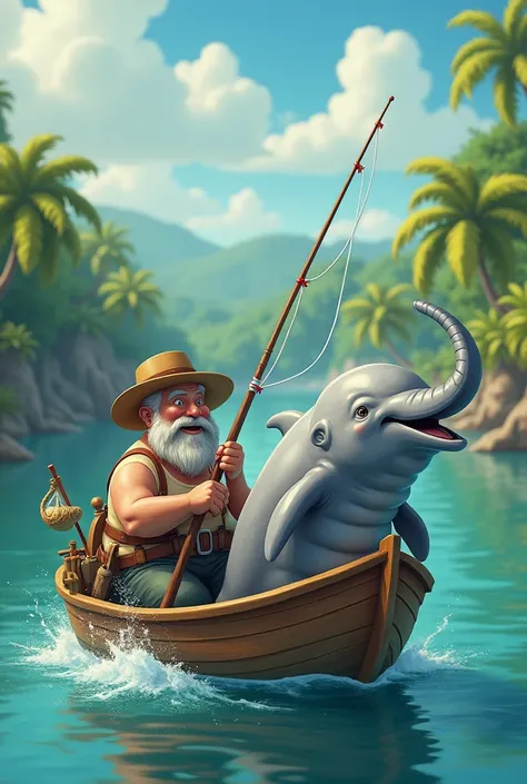 Make me a picture, a fat man is fishing and gets a dolphin with an elephant&#39;s head