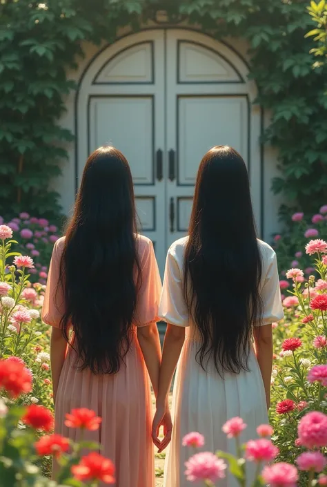 Girls with long hair, in front of the flower garden with the doors closed!