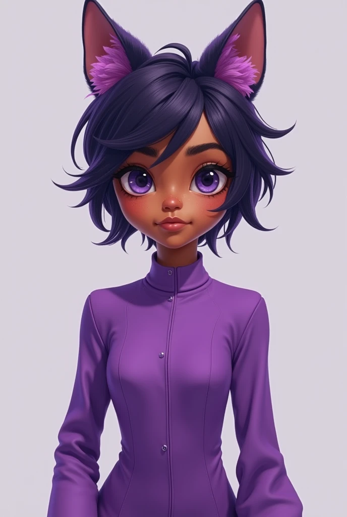 Make a light brown skinned teenager, dark purple hair, purple dog ears, and purple clothes