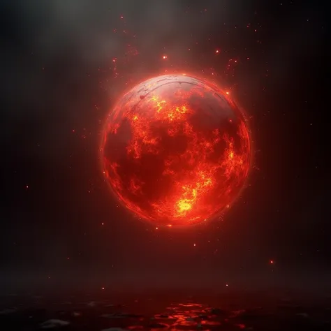 hyperrealistic, medieval, a fireball, floating in the air, a red energy emanates from its center, particles of this light deteriorate in the darkness