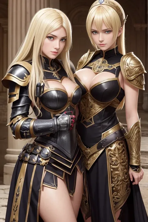 german woman, catholics,  , black hair,blondes perfect face, detailed face, warriors roman, using sexy armor , soft lesbians, sexy, full body