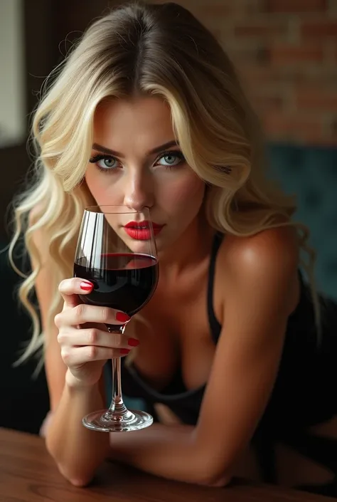 Ultra sexy stereotypical blonde and blue eyed Russian woman with red lipstick and a glass of red wine wearing very little clothing and telling you to come closer 