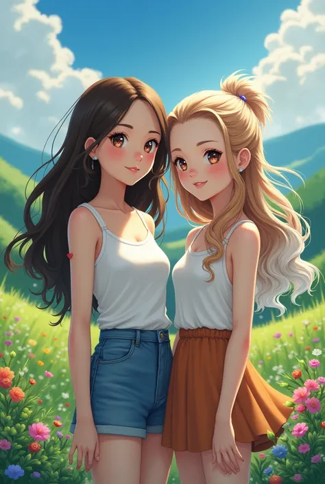 A pokemon landscape with two pretty girls, a straight brunette and a white-haired girl with brown hair and curls, both are the same height, both have long, loose hair.