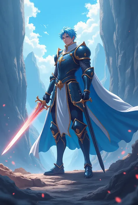 A male anime character with light blue hair. He is a brave knight. His weapons are two holy swords. The first one is a pure white sword with a light aura. The second one is a pitch-black sword with a dark aura.