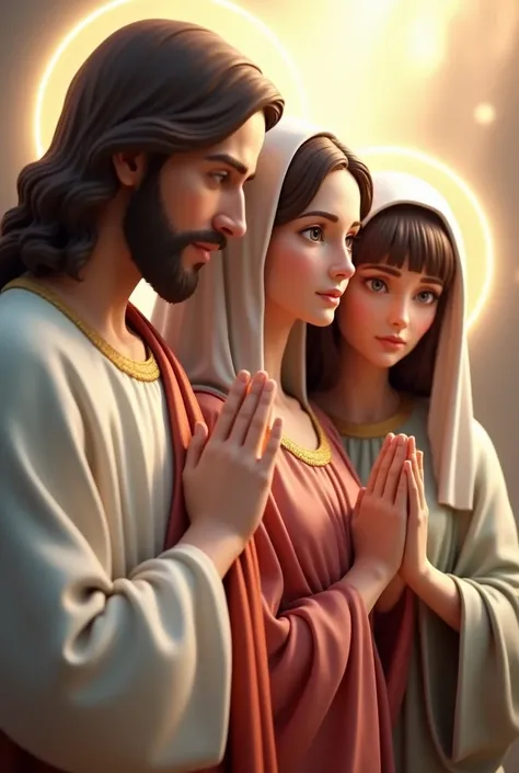 3d drawing of Jesus Christ next to the Virgin Mary and a woman with brown hair and bangs