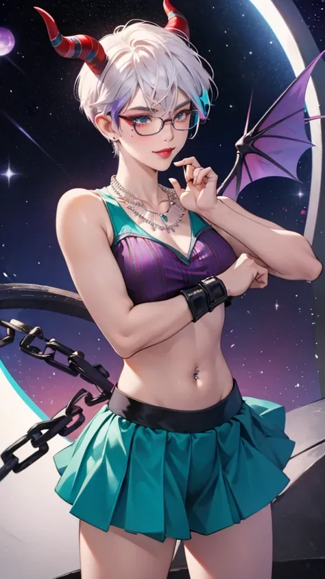 8k, masterpiece, best quality, highly detailed, 1 girl, tiefling, boxer, pixie cut, multicolored hair, very short straight hair red highlight hair on white hair, strippled hair, wearing glasses, round glasses, earrings, navel piercing, red eyeshadow, long ...