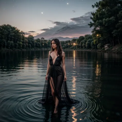 A 35-year-old woman standing confidently in an elegant evening gown on the edge of a serene lake during twilight. She gazes thoughtfully across the water, with the soft glow of the moon reflecting on the lakes surface. Her pose is graceful, with one hand g...