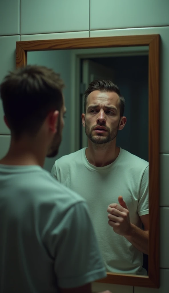 young man with hair loss in front of the mirror,  crying tears