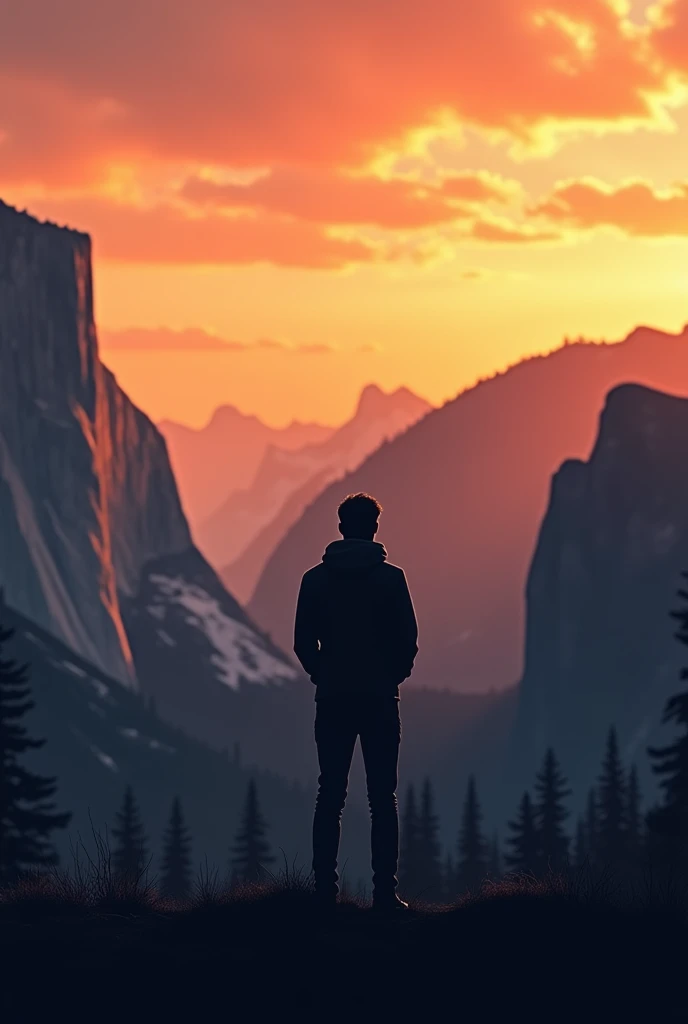 Silhouette of a man in the distance against the backdrop of mountains at sunset