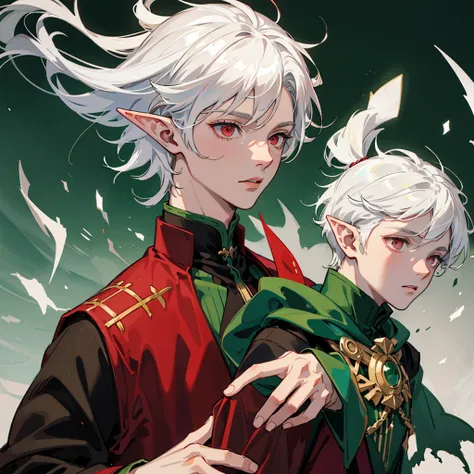 1 boy, white hair, elf, pointy ears, sad red eyes, torn green clothes,