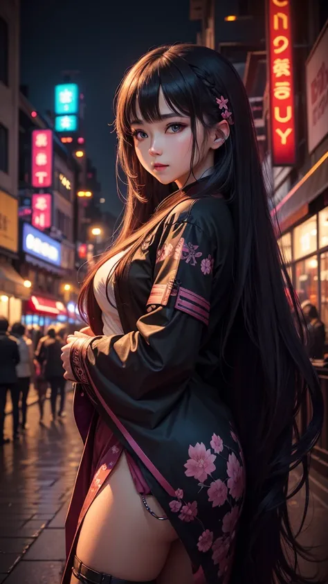 fantasy, fantasies,  city, neon, sakura,  Young woman, long hair, night, HDR, professional photo