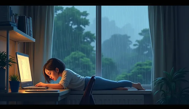 a girl lying with a computer on the desk and looking out the window at the falling rain