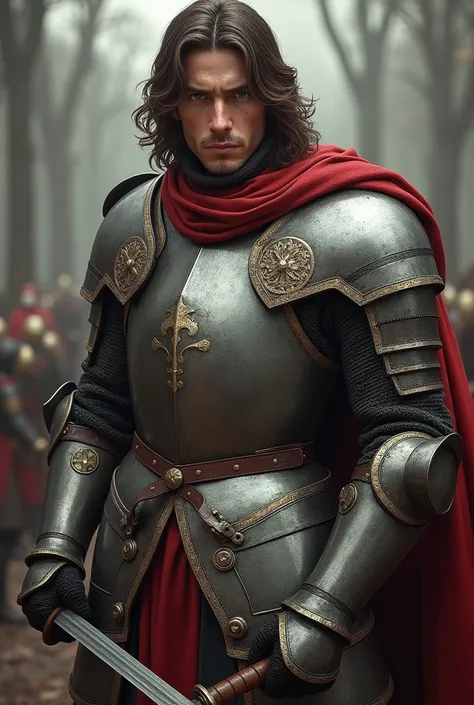 Short Italian soldiers, 27 years old, long brown hair, gray eyes, wearing robust medieval armor. The soldier holds a war sword