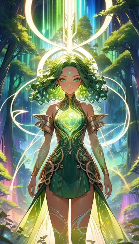 A vibrant and harmonious illustration of Solarpunk Gaia, depicting a futuristic yet organic world where nature and technology coexist in perfect balance. The image features a serene and powerful Gaia, a goddess of the Earth, standing amidst a lush forest w...