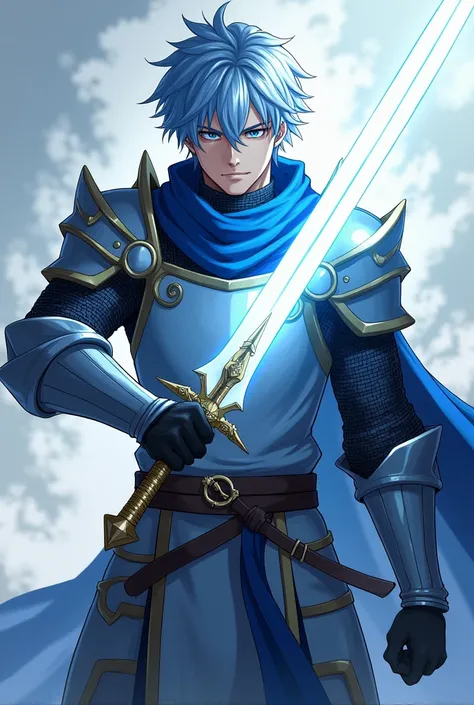 Anime character, a male human with light blue hair. He is a brave knight. His weapons are two holy swords. The first one is a pure white sword with a light aura. The second one is a pitch-black sword with a dark aura. He slashes forward.