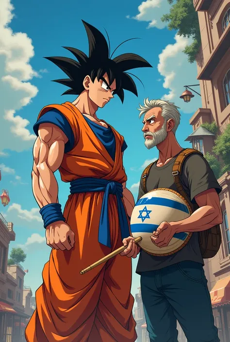 Goku with a deaf man, hanging by the lanyard (percussion instrument with the Israeli flag drawn on the side of the instrument) and with a drumstick in the other hand.