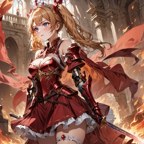 score_9_up, score_9, score_8_up, score_7_up, source_anime,masterpiece, best quality, high resolution, extremely detailed CG, absurdres, highres, 1girl, a female knight in metal armor, skirt, frills, holding the sword of flame, red_outfit, cropped shoulders...