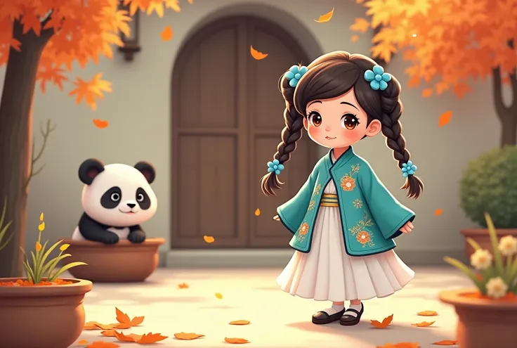 A charming young girl in traditional East Asian attire, cartoon style, featuring a turquoise jacket with floral patterns and a flowing white skirt. She has two playful braids adorned with delicate blue flowers. The scene is set in a serene courtyard with a...