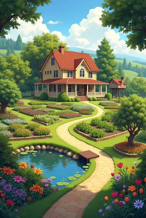 Best house with flower garden, kitchen garden, fruit garden, pond and tree house