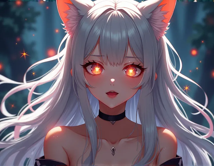 (masterpiece, best quality), ((1girl, (mature female) long hair), (star-shaped pupils,  +_+, symbol-shaped pupils, sparkling eyes), (cat ears, open open mouth)), (looking at viewer, light smile, off shoulder), (abstract, multicolored background, abstract b...