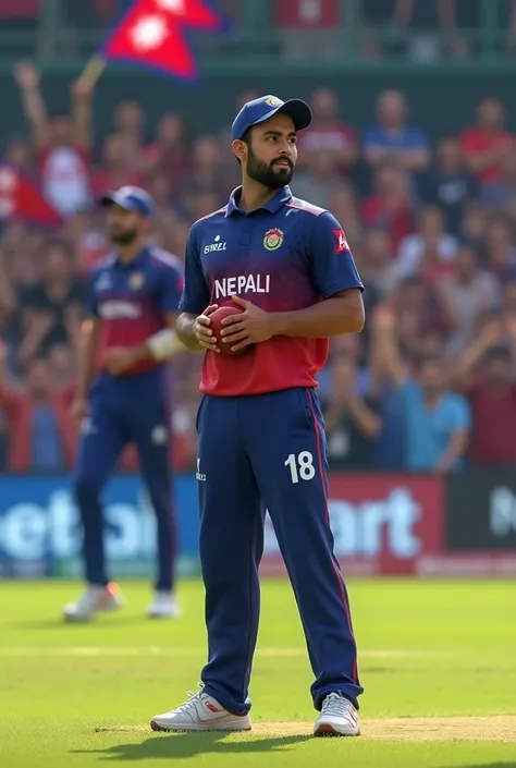 Samip with gercy no 18 standing in cricket pitches with nepali cricket bluish red jersey carrying a cricket ball bowlling a batsman and background of nepali croud carrying national flag 