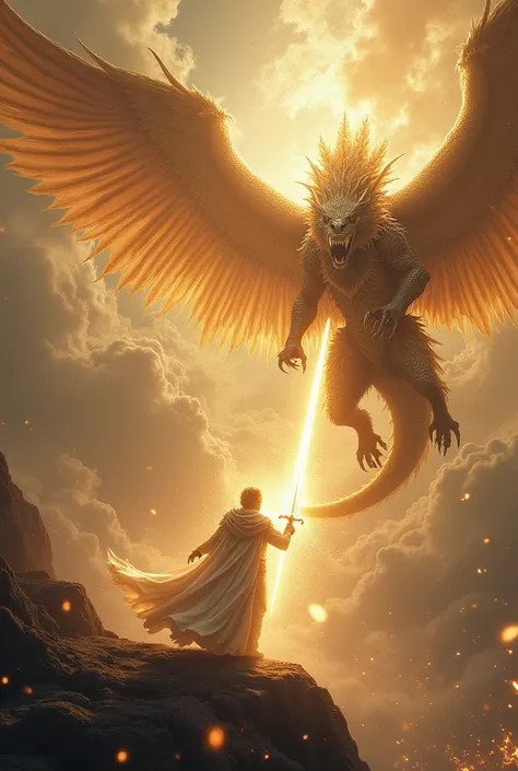 Battle between an archangel with a sword vs a dragon 