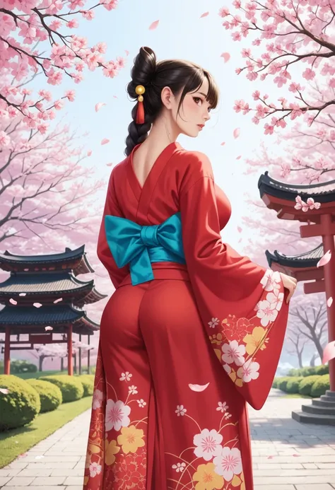 score_9,score_8_up,score_7_up,Cute 20-year-old Japanese 1 girl,solo,toothless smilev,emphasizing her curvy body and large breasts,A beauty in a vibrant red kimono, gracefully looking back over her shoulder, background of cherry trees in full bloom